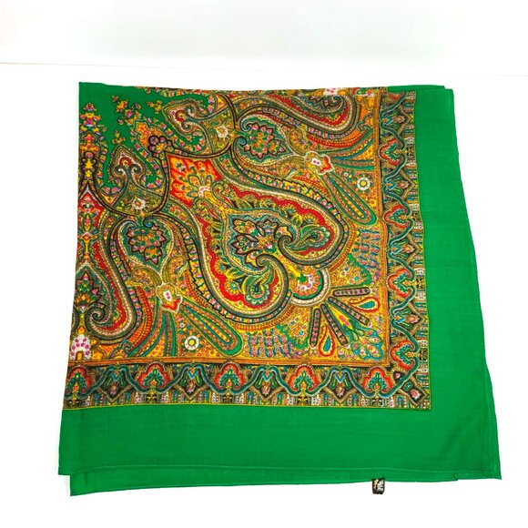 Vintage 80's Square 100% Wool Green Scarf Shawl Intricate Paisley Design. - Picture 8 of 16